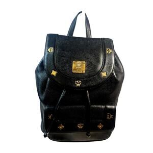 MCM Black Leather Drawstring Backpack Gold Tone Hardware Vintage